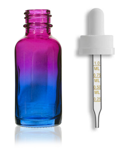 1 oz Multi Fade Cosmic Cranberry and Teal blue Boston Round w/ White Child Resistant Calibrated Dropper