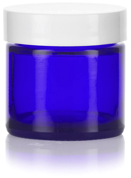 (Case of 160) 2 oz Cobalt BLUE GLASS Jar Straight Sided w/ White Plastic Lined Caps