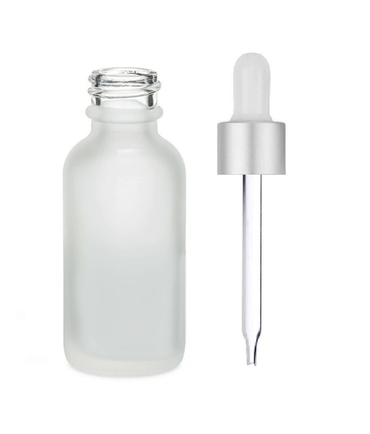 1 Oz Frosted Glass Bottle w/ Matte silver and White Dropper