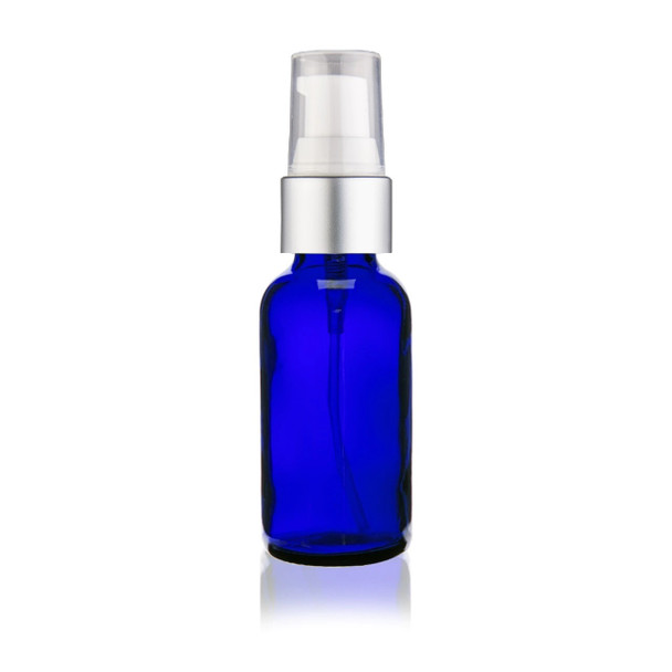 1 Oz Cobalt Blue Glass Bottle w/ Matte silver and White Treatment Pump