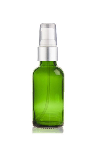 1 Oz Green Glass Bottle w/ Matte silver and White Treatment Pump