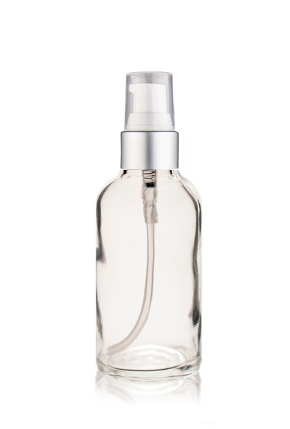 2 Oz Clear Glass Bottle w/ Matte silver and White Treatment Pump