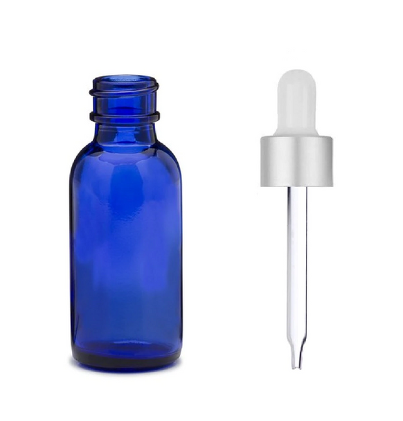 2 Oz Blue Glass Bottle w/ Matte silver and White Regular Dropper