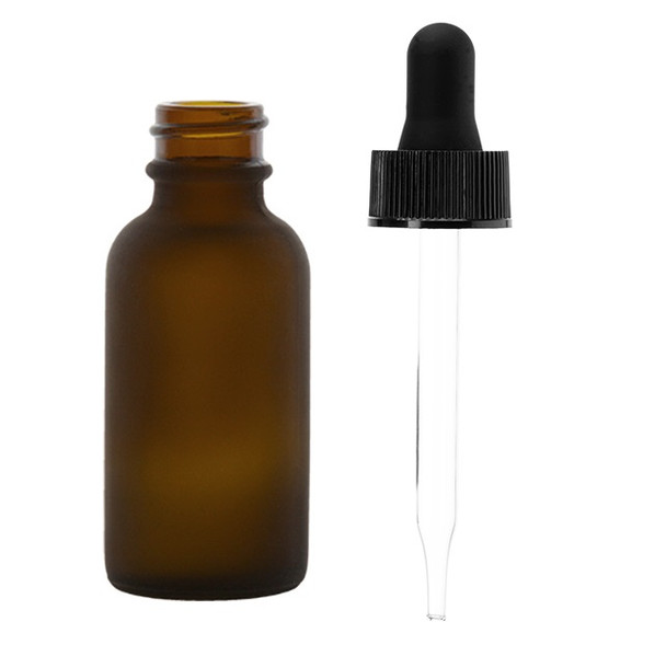 1 oz FROSTED AMBER Glass Bottle w/ Black Regular Glass Dropper