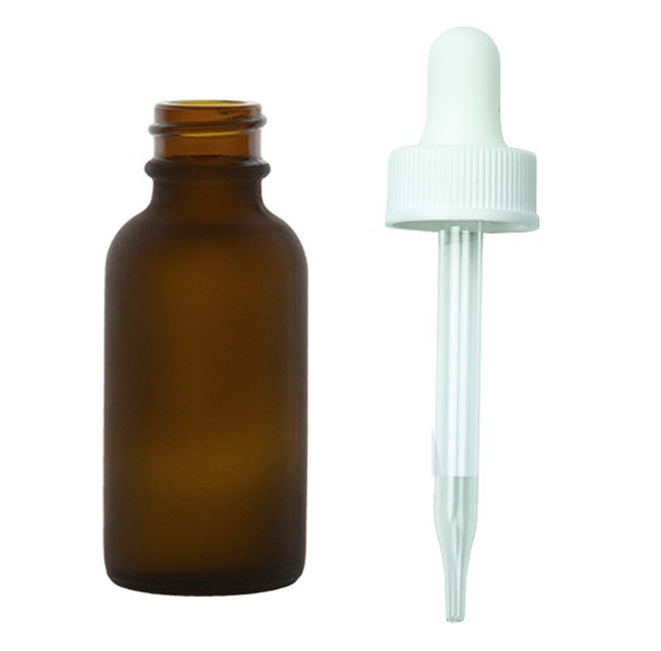 1 oz FROSTED AMBER Glass Bottle w/ White Regular Glass Dropper