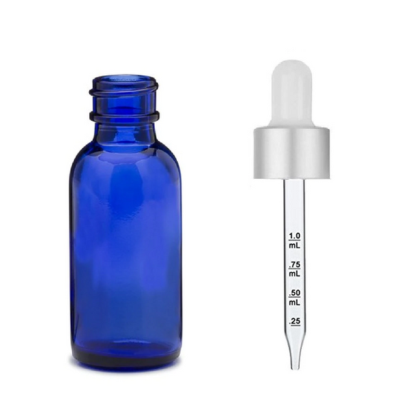 1 Oz Cobalt Blue Glass Bottle w/ Matte silver and White Calibrated Glass Dropper