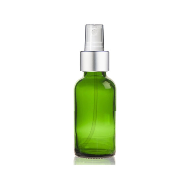 1 oz Green Glass Bottle w/ Matte silver and White Fine Mist Sprayer