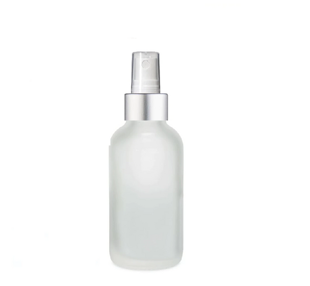 2 oz Frosted Glass Bottle w/ Matte silver and White Fine Mist Sprayer