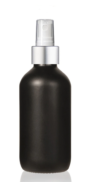2 Oz Matt Black Glass Bottle w/ Matte silver and White Fine Mist Sprayer