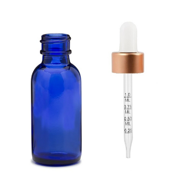 1 oz Cobalt Blue Glass Bottle w/ White Rose Gold Calibrated Glass Dropper