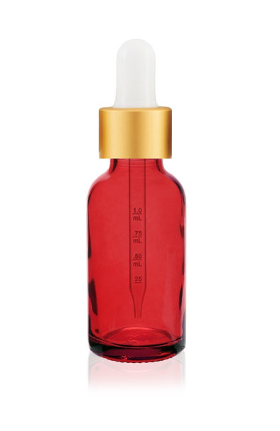 1 Oz Translucent Red Glass Bottle w/ White-Matt Gold Calibrated Dropper