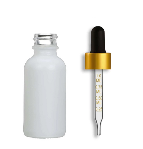 1 oz Matte White Glass Bottle w/ Black - Gold Calibrated Glass Dropper