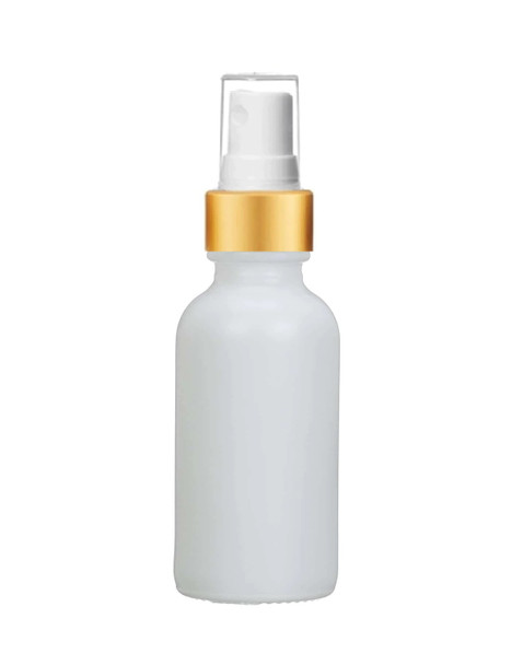 2 oz Matt White Glass Bottle w/ Matte Gold and White Fine Mist Sprayer