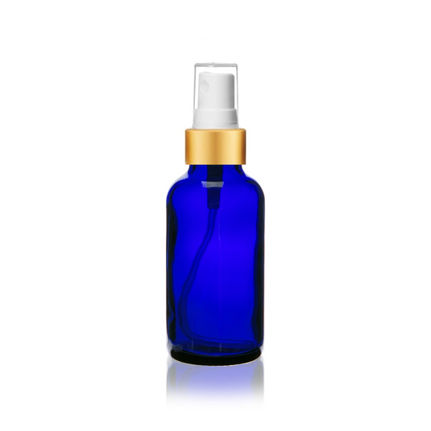 2 Oz Blue Glass Bottle w/ Matte Gold and White Gold Fine Mist Sprayer