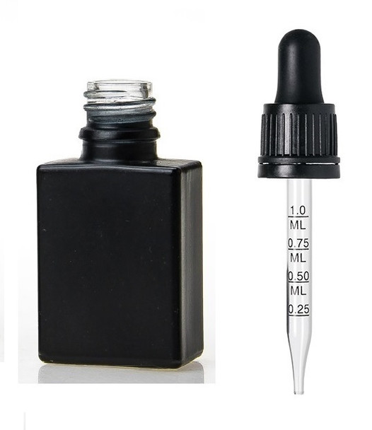 1 oz Matt Black SQUARE Glass Bottle w/ 18-415 Black Tamper Evident Calibrated Dropper
