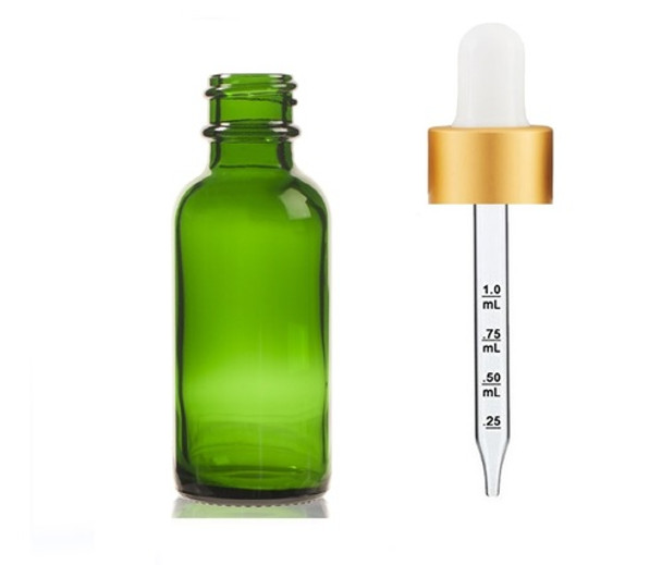 2 Oz Green Glass Bottle w/ White-Matt Gold Calibrated Glass Dropper