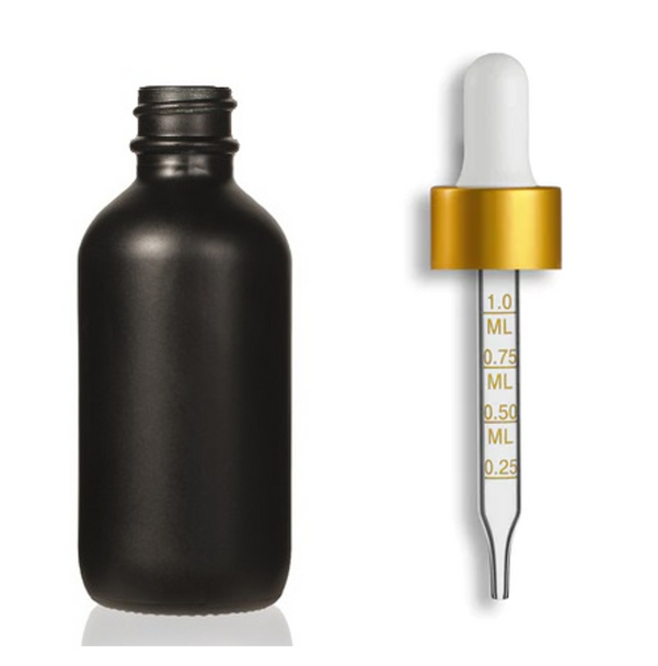 2 oz Matte Black Glass Bottle w/ White-Matt Gold Calibrated Glass Dropper