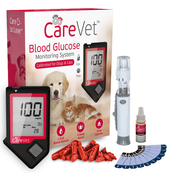 Care Vet Blood Glucose Monitoring Kit, Diabetes Testing for Dogs and Cats - Glucose Meter with Hygeinic Strip Ejection Plus 10 Bonus Glucose Test Strips, Complete Starter Kit Included