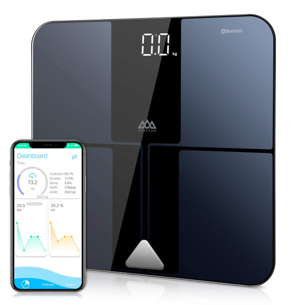 SENSSUN Bluetooth Body Fat BMI Scale, High Precision ITO Coating Bathroom Weight Scale with Smartphone App, Sync with Fitbit, Apple Health and Google Fit,396 lbs, FDA Approved