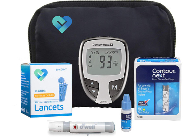 O'Well Contour Next EZ Diabetes Testing Kit | Contour Next EZ Meter, 50 Contour Next Blood Glucose Test Strips, 50 Lancets, Lancing Device, Control Solution, Log Book, User Manual & Carry Case