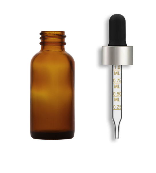 1 oz Amber Glass Bottle w/ Black Silver Calibrated Glass Dropper