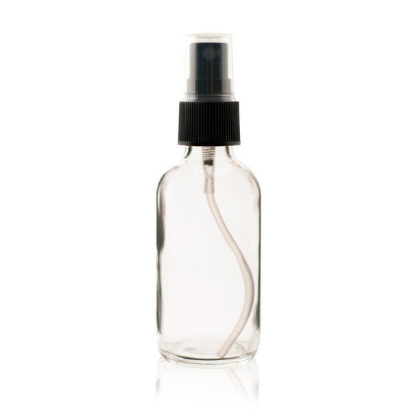 2 oz CLEAR Glass Bottle - w/ Black Fine Mist Sprayer