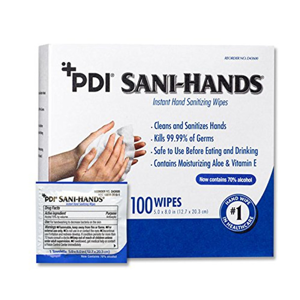 PDI D43600 Sani - Hands Alcohol Wipes - 100 Wipes, 5" x 8", Individual Packets