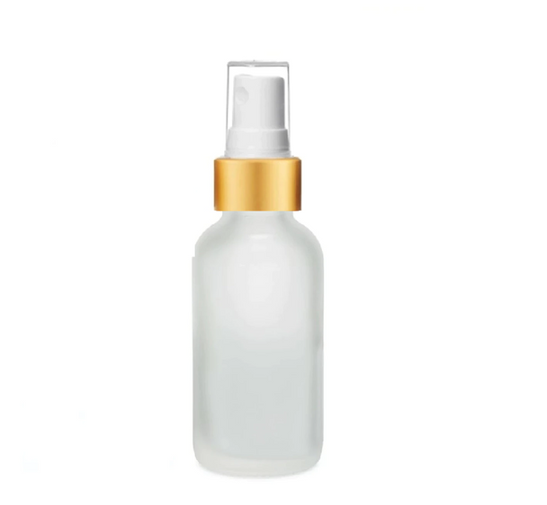 2 oz Frosted Glass Bottle w/ Matte Gold and White Fine Mist Sprayer