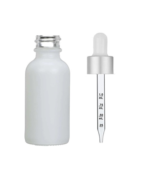 2 oz Matt White Glass Bottle w/ Silver-White Calibrated Glass Dropper