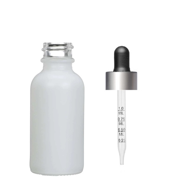 1 Oz Matt White Glass Bottle w/ Black-Matt Silver Calibrated Glass Dropper