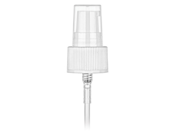 24-410 White PP ribbed skirt dispensing treatment pump with 7.5 inch dip tube and clear plastic overcap (0.2 cc output)