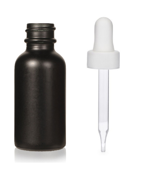 1 oz Matt Black Glass Bottle w/ White Regular Glass Dropper