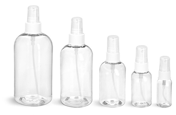 2 oz Clear PET Boston Round Bottle - w/ White Fine Mist Sprayer