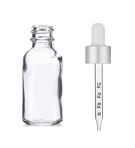 2 oz Clear Glass Bottle w/ Matte silver and White Calibrated Glass Dropper