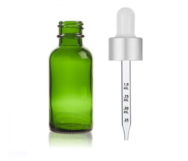 2 Oz Green Glass Bottle w/ Matte silver and White Calibrated Glass Dropper