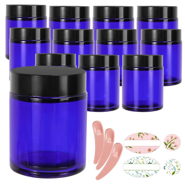 12 Pack 120 ml 4 oz Blue Glass Jars with Black Lids & Inner Liners,Round Jars for Cosmetics and Face cream Lotion.