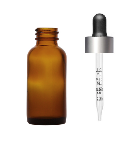 2 Oz Amber Glass Bottle w/ Black Matte Silver Calibrated Glass Dropper