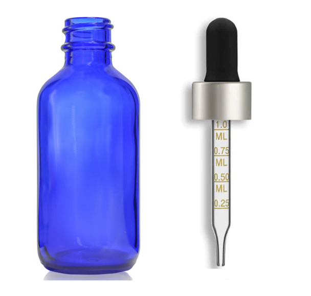 2 oz Cobalt Blue Bottle w/ Black Matte Silver Calibrated Glass Dropper