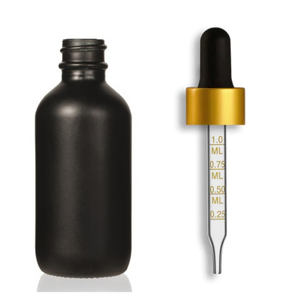 2 oz Matte Black Glass Bottle w/ Black Matte Gold Calibrated Glass Dropper