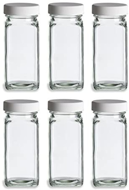 French Square Glass Spice Jars with Shaker Fitmens and Caps (6, 4 oz White)