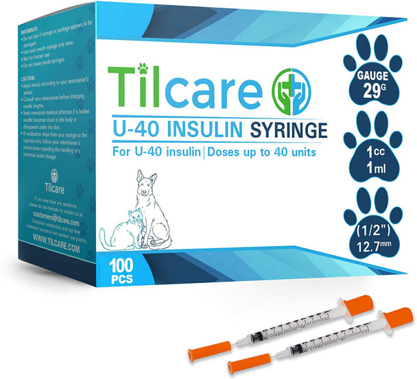 Tilcare U40 Pet Insulin Syringes with Needle 29 G 1 cc 12.7 mm 1/2" 100-Pack  Latex-Free Diabetic Syringes - Ultra Fine Sterile Medical Syringe