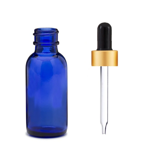 1 oz Cobalt Blue Glass Bottle w/ Black-Matt Gold Regular Glass Dropper