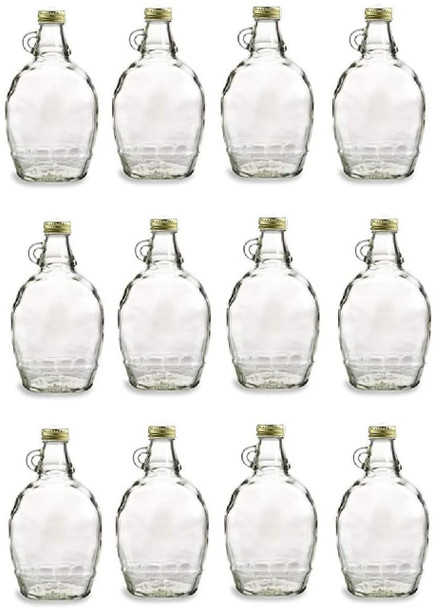 8 Ounce Glass Maple Syrup Bottles with Loop Handle & Gold Metal Lids & Shrink Bands - Case of 12