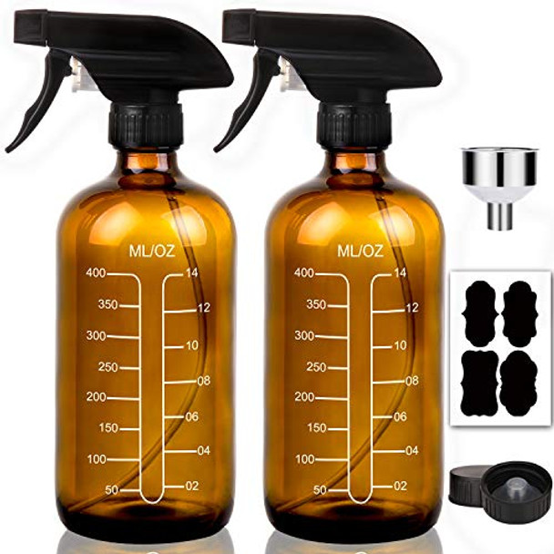 16oz Glass Spray Bottles with Measurements - Amber Empty Reusable Refillable Container with Funnel and Labels for Mixing, Homemade Cleaning Products