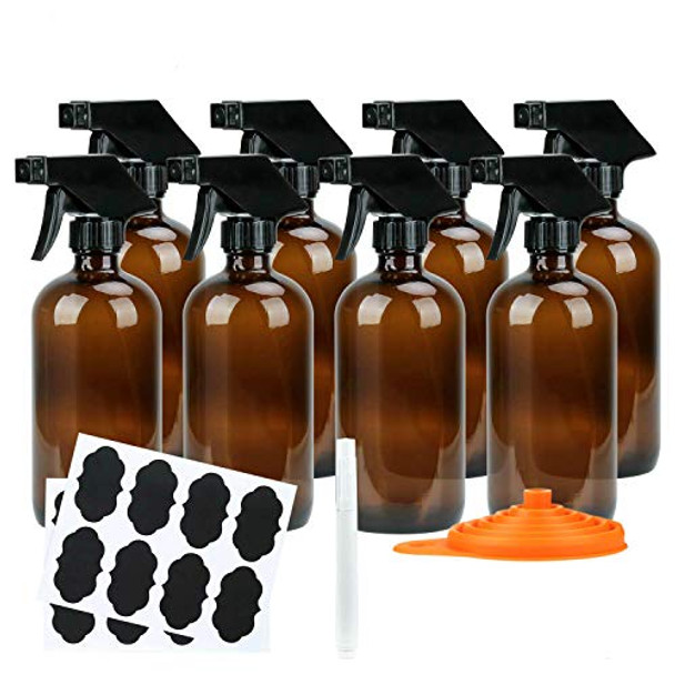 RUCKAE Empty Amber Glass Spray Bottle(8 Pack),with Labels,Pen and Funnel,16 oz Refillable Container for Essential Oils，Cleaning Products or Aromatherapy,Black Trigger Sprayer