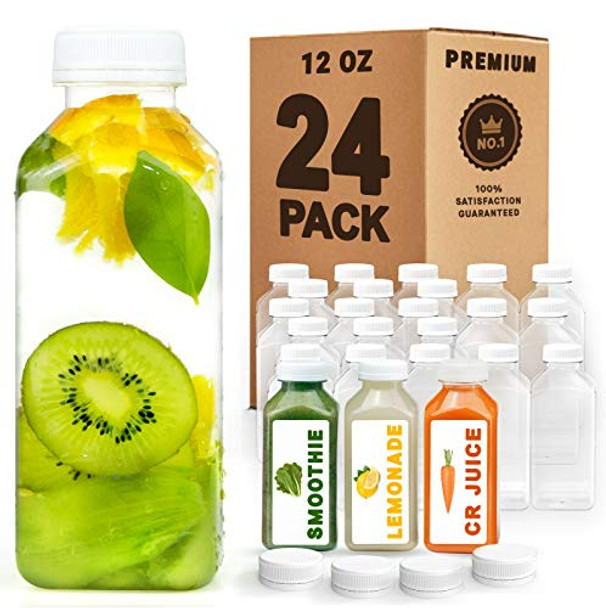 12 oz Plastic Juice Bottles with Caps Lids - Smoothie Bottles, Drink Juice Containers with Lids, Reusable Juice Bottles for Juicing, 24 Pack