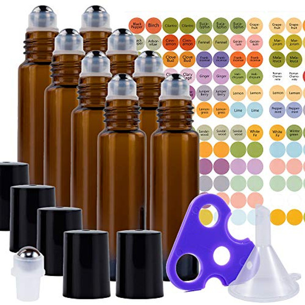 Ultimate Essential Oil Roller Bottles Set with Stainless Steel Balls, 8 Pack 10ml Dark Amber Leakproof Glass Bottle with 9 Rollerballs for Perfume & Aromatherapy Oils 1 Funnel + Opener & 192 Labels