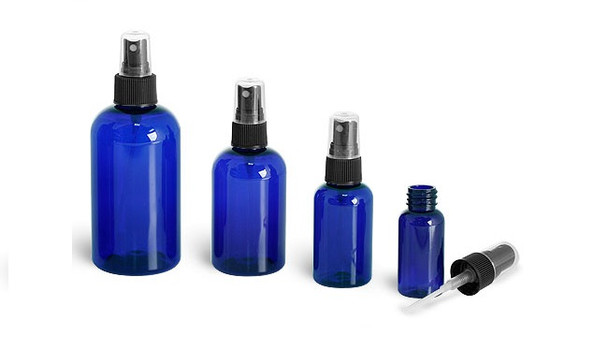 4 oz Cobalt BLUE Plastic PET Bottle 24 neck finish w/ 24 neck Black Fine Mist Spray
