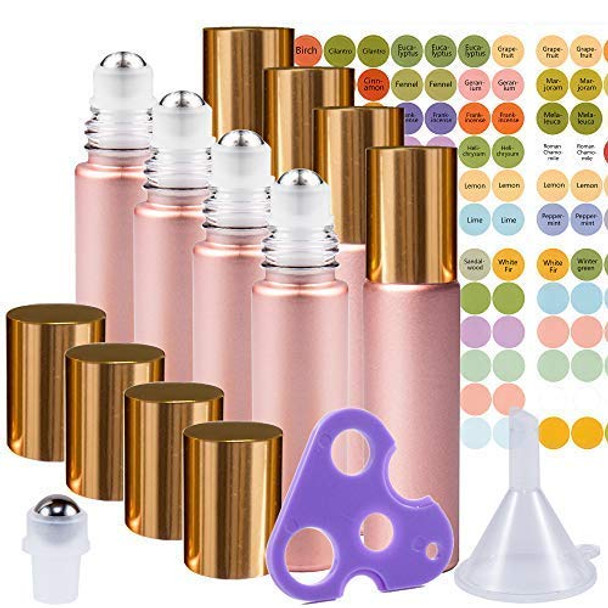 Rose Gold Ultimate Essential Oil Roller Bottles Set With Stainless Steel Balls, 8 Pack 10ml Leakproof Glass Bottle With 9 Rollerballs For Perfume & Aromatherapy Oils 1 Funnel + Opener & 192 Labels