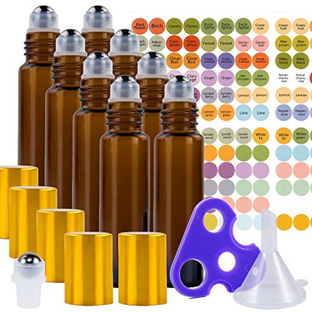Essential Oil Roller Bottles Set with Stainless Steel Balls, 8 Pack 10ml Amber (Brown) Leakproof Glass Bottle with 8 Rollerballs for Perfume & Aromatherapy Oils - Roller Bottle Opener & 192 Labels